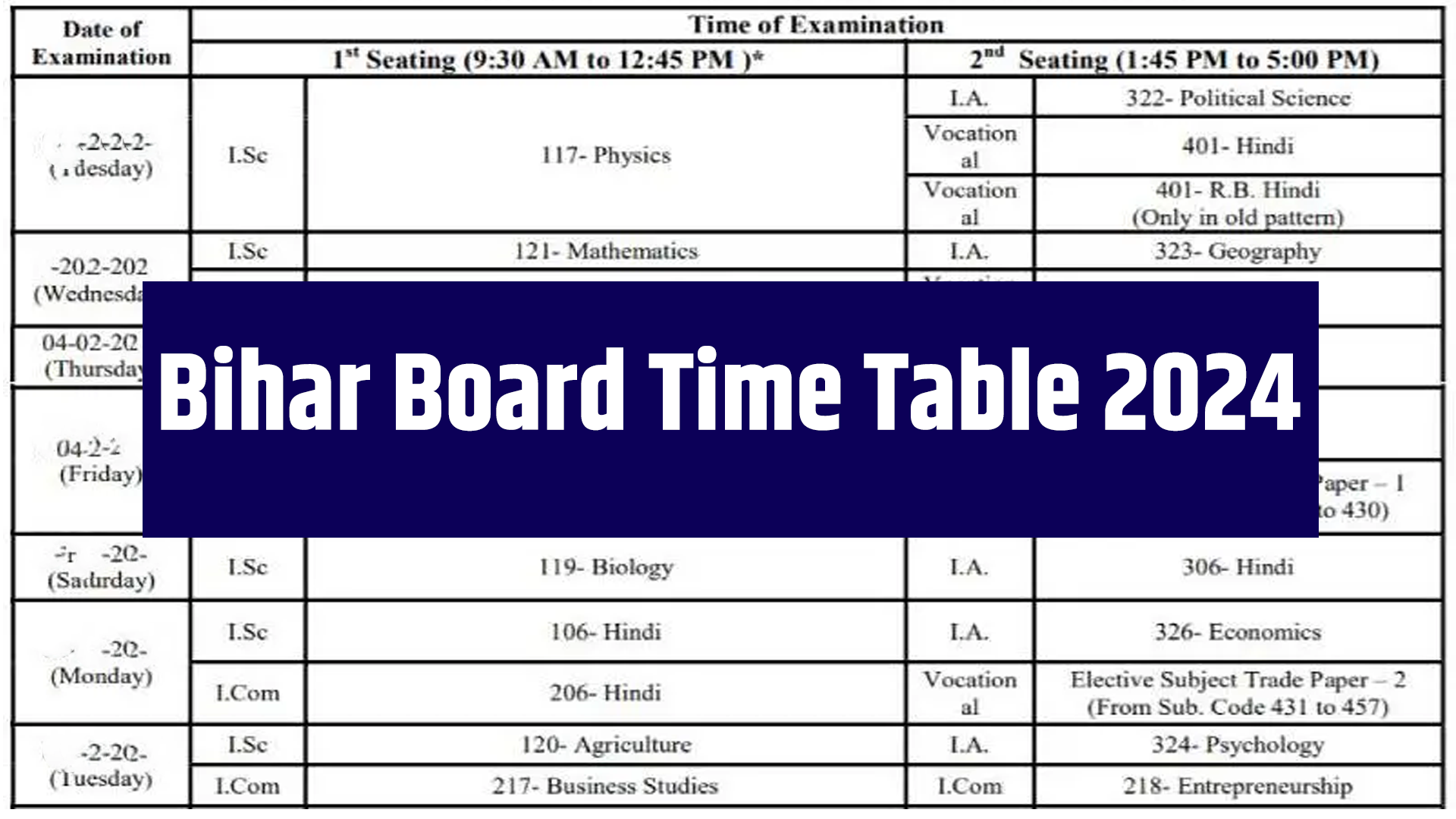 Bihar Board Time Table 2024